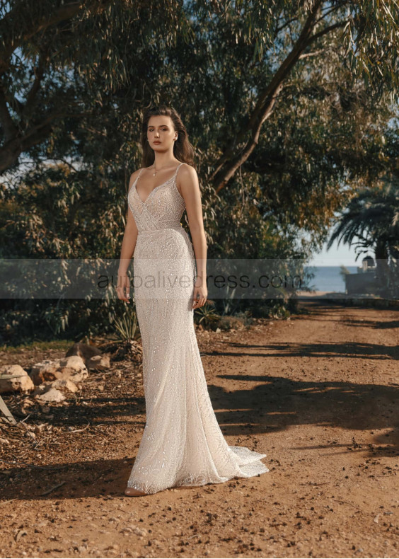 V Neck Ivory Glitter Lace Luxurious Wedding Dress V Neck Ivory Glitter Lace Luxurious Wedding Dress